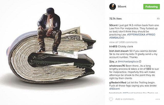 50 Cent berichtet auf Instagram: "Ich habe 14,5 Millionen von einer Anwaltskanzlei für Fehlverhalten zurück bekommen. Sie haben es so hart versaut. Ich denke nicht, dass sie weiterhin im Recht agieren sollten"