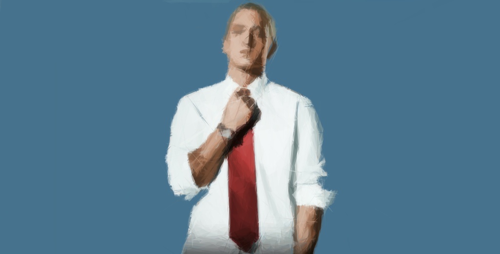 Frontale Aufnahme von Eminem mit Hemd und Krawatte als polygonale Zeichnung